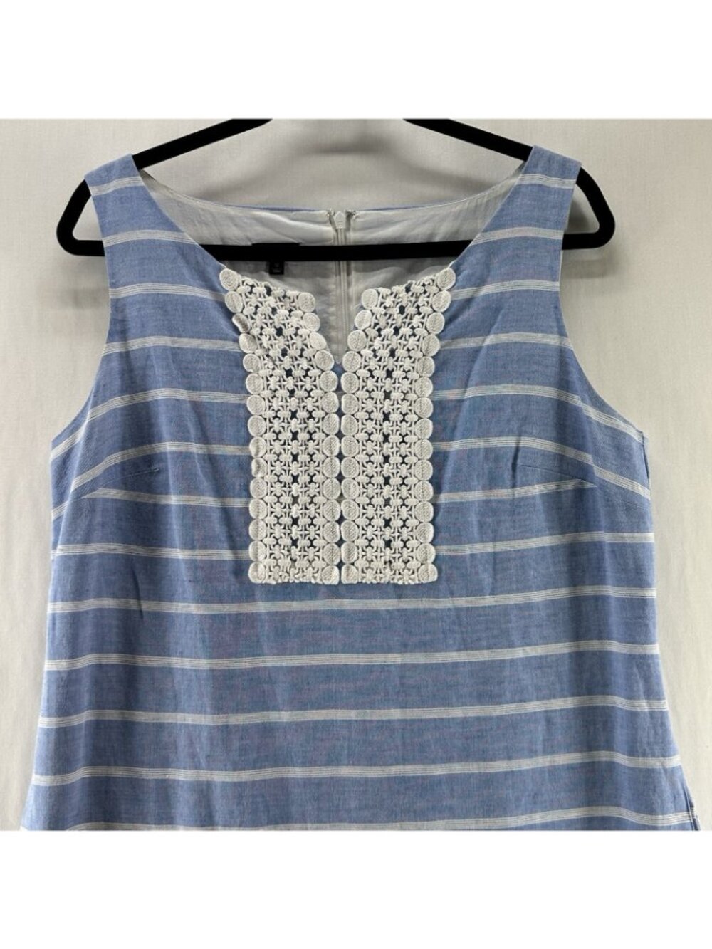 Talbots Linen Cotton Shift Dress 12 Crochet Lace Trim Pockets Striped Blue White - Picture 4 of 14
